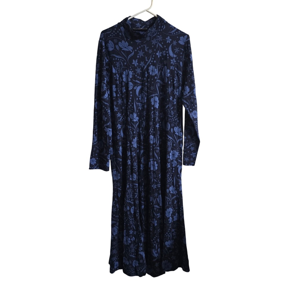 LOFT maxi Dress Womens XL Blue Floral Mock Neck Long Sleeve Cottagecore